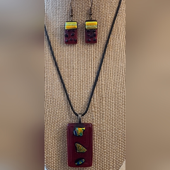 VINTAGE 2 PCS SET FUSED GLASS LAMPWORK PENDANT NECKLACE & EARRINGS - Picture 14 of 16